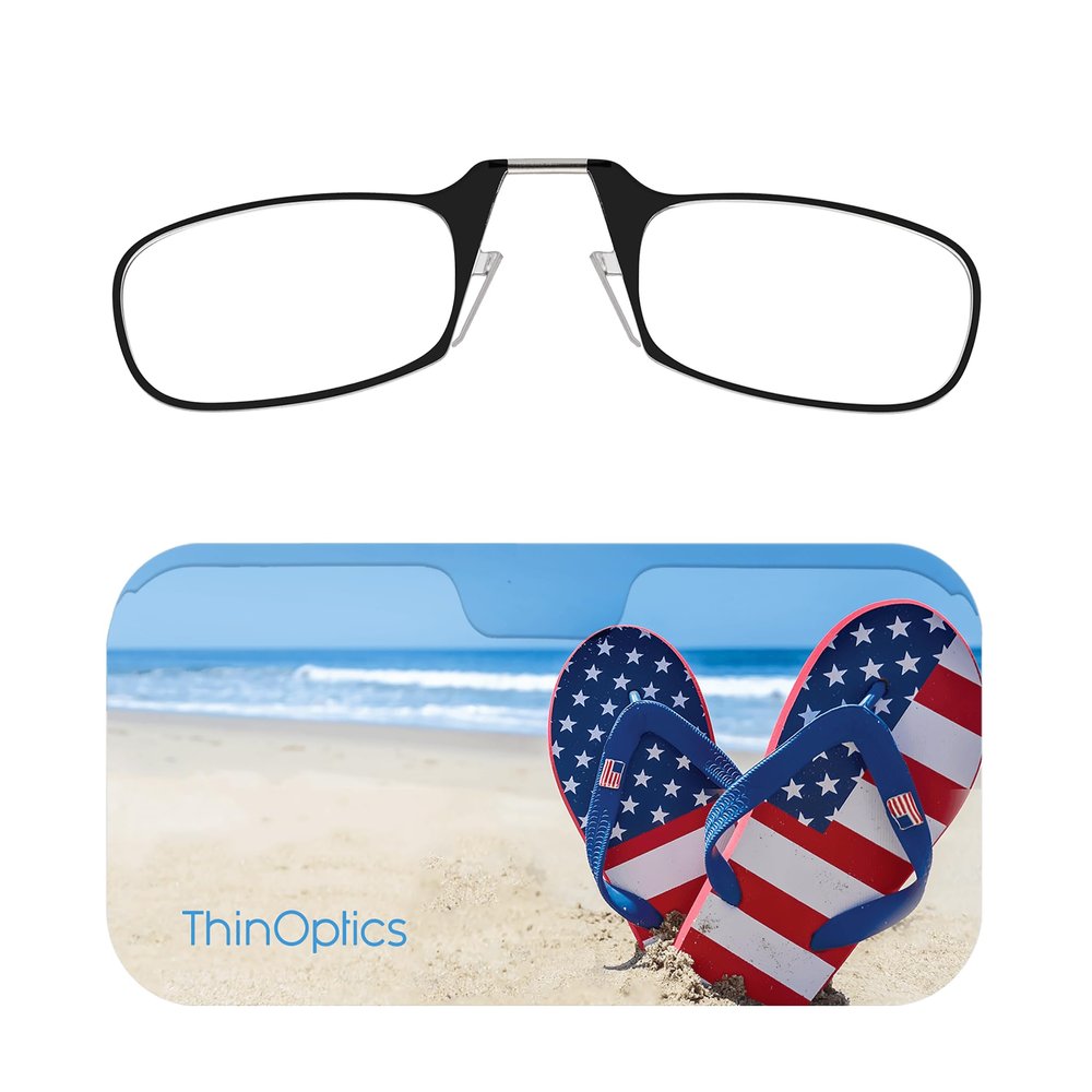 Always With You ThinOptics Readers - Armless On-Nose Reading Glasses - Slim Printed Case Attaches to Phone or Fits in Wallet - American Beach 1.0x