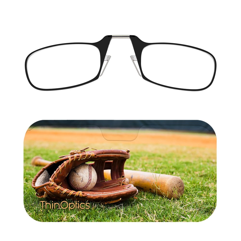 Always With You ThinOptics Readers - Armless On-Nose Reading Glasses - Slim Printed Case Attaches to Phone or Fits in Wallet - Baseball Glove 1.0x