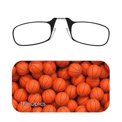 Always With You ThinOptics Readers - Armless On-Nose Reading Glasses - Slim Printed Case Attaches to Phone or Fits in Wallet - Basketballs 2.0x
