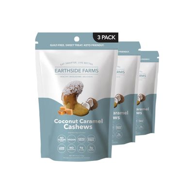 Earthside Farms Coconut Caramel Cashews 4oz, 3Pack  Vegan, Gluten-Free, Low Carb, Keto Friendly Snack  Sweet & Crunchy Cashews with Real Coconut  Perfect Snack for On-the-Go, Work, School, Travel