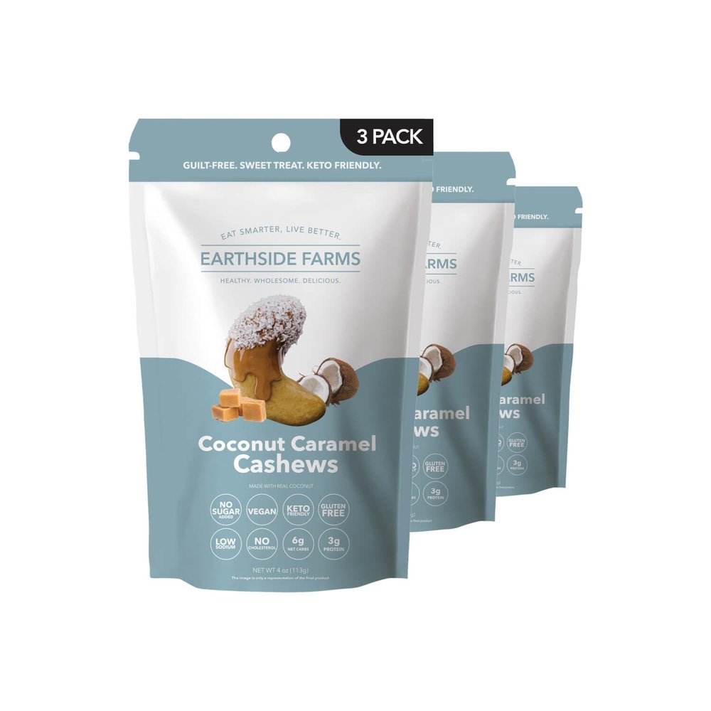 Earthside Farms Coconut Caramel Cashews 4oz, 3Pack  Vegan, Gluten-Free, Low Carb, Keto Friendly Snack  Sweet & Crunchy Cashews with Real Coconut  Perfect Snack for On-the-Go, Work, School, Travel