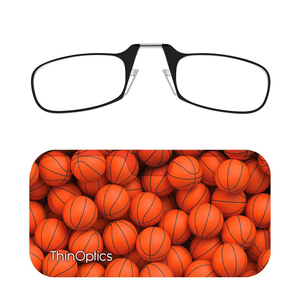 Always With You ThinOptics Readers - Armless On-Nose Reading Glasses - Slim Printed Case Attaches to Phone or Fits in Wallet - Basketballs 1.0x