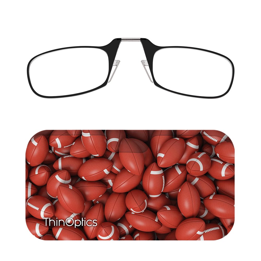 Always With You ThinOptics Readers - Armless On-Nose Reading Glasses - Slim Printed Case Attaches to Phone or Fits in Wallet - Footballs 2.0x