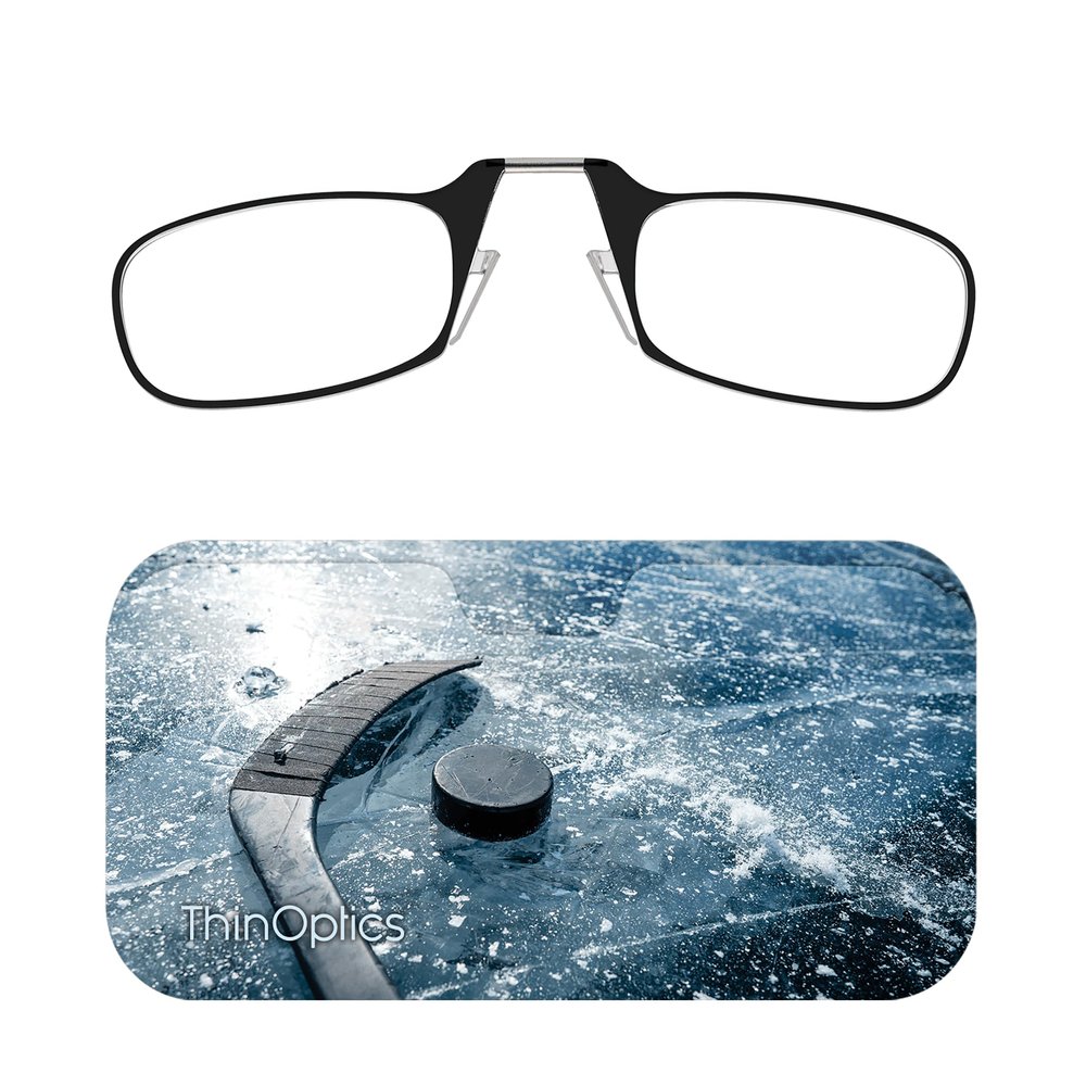 Always With You ThinOptics Readers - Armless On-Nose Reading Glasses - Slim Printed Case Attaches to Phone or Fits in Wallet - Hockey 1.5x