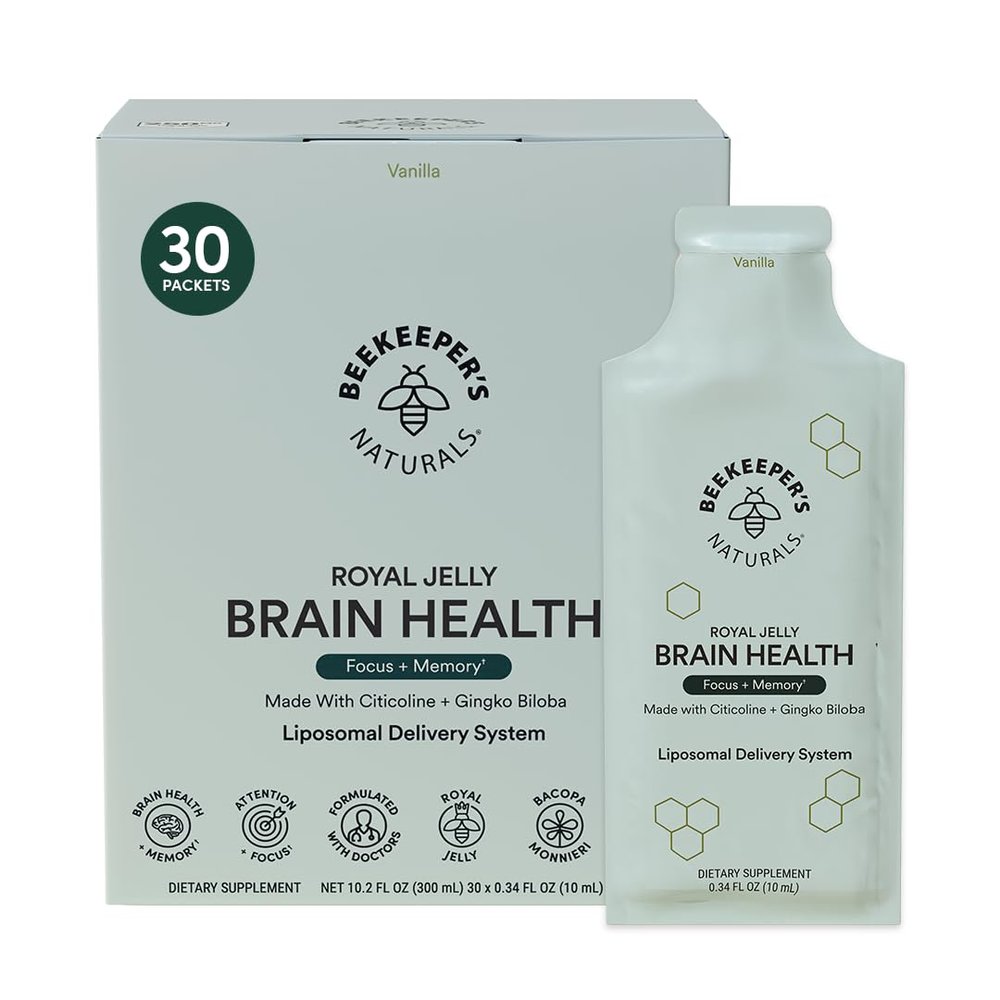 Nootropic Brain Supplement by Beekeeper's Naturals, 500mg Citocoline, Ginkgo Biloba, Bacopa Monnieri & Royal Jelly, Supports Focus & Memory, Easier Absorption, Plus a Tasty Vanilla Flavor, 30ct
