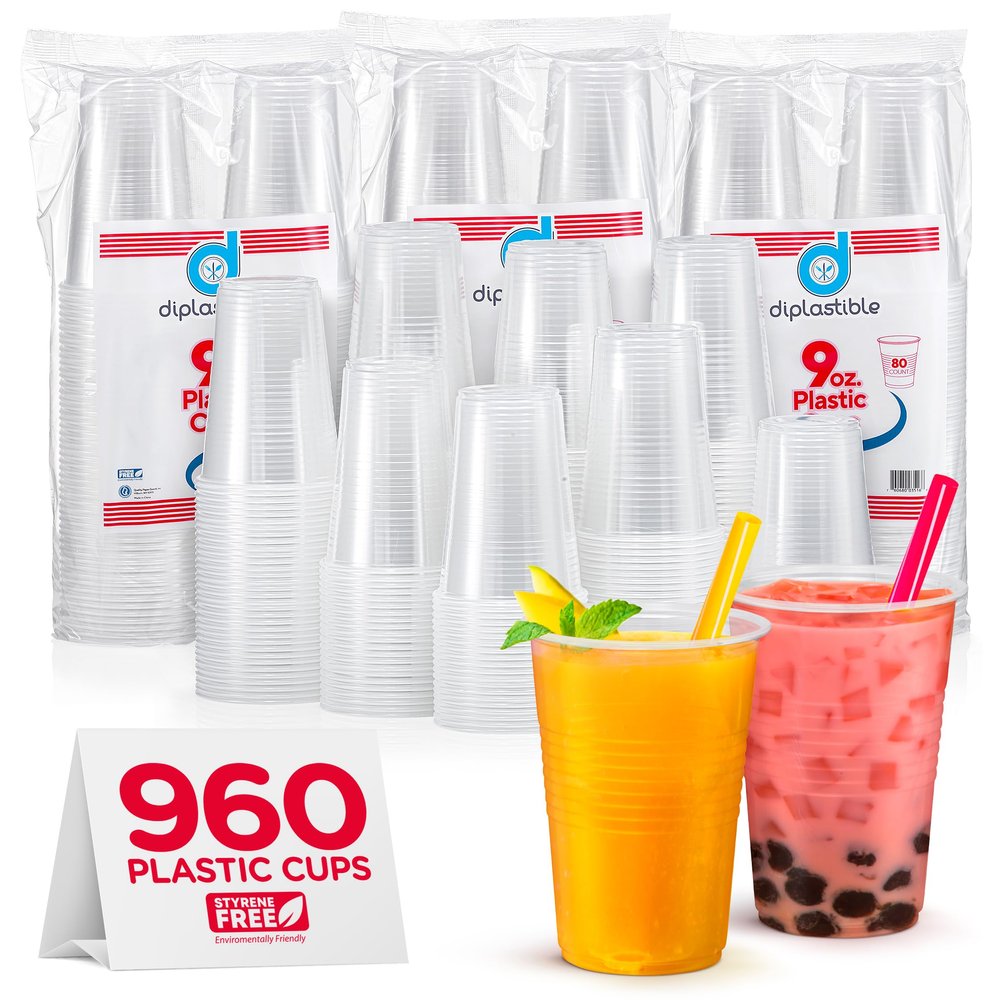 Diplastible 960 Pack 9 oz Clear Plastic Cups for Parties, Disposable Drinking Cups for Birthday Party Supplies, Office, Home, Events, or Picnics