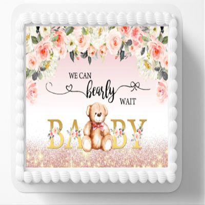 1/2 Sheet Can Bearly Wait Baby Shower Teddy Bear Theme Edible Image Edible Cake Topper Frosting Sheet Icing Paper Cake Decoration Edible Cake Sticker Decal
