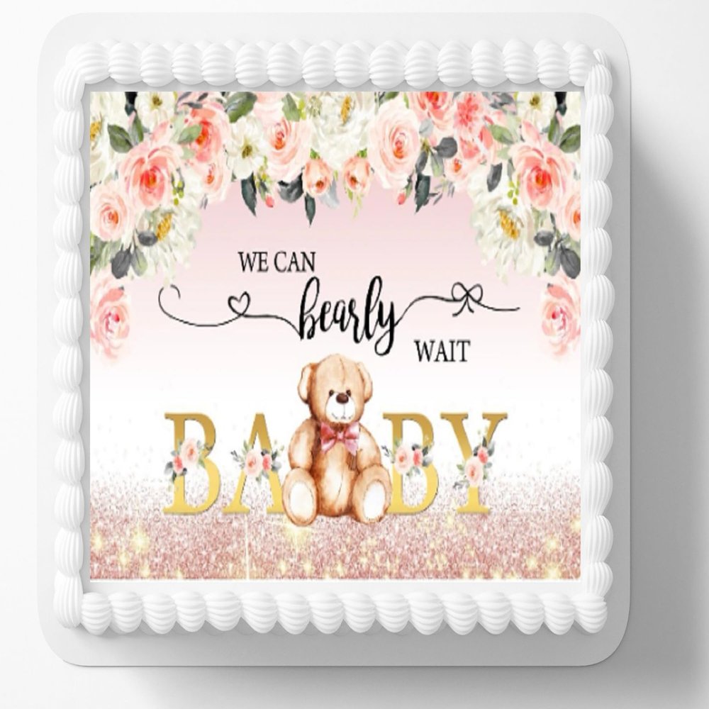 1/2 Sheet Can Bearly Wait Baby Shower Teddy Bear Theme Edible Image Edible Cake Topper Frosting Sheet Icing Paper Cake Decoration Edible Cake Sticker Decal
