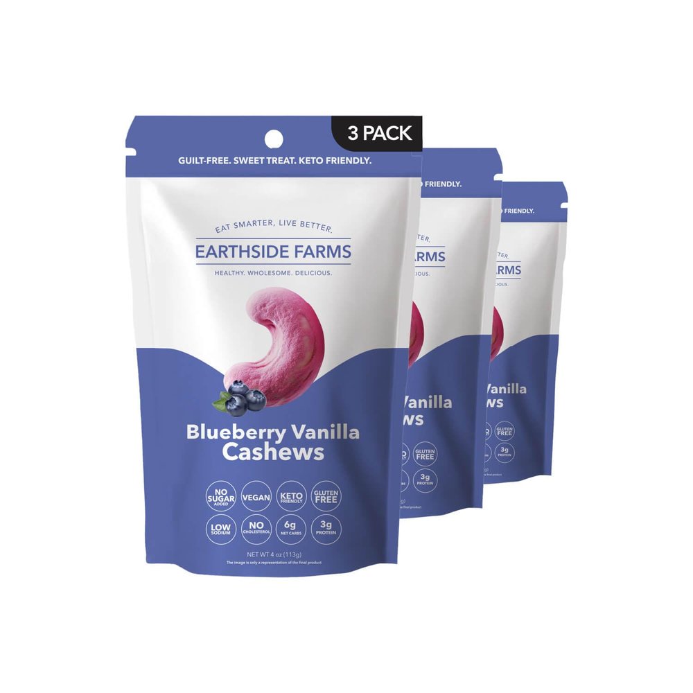 Earthside Farms Blueberry Vanilla Cashews 4oz, 3 Pack  Vegan, Gluten-Free, Low Carb Keto Friendly Snack  Sweet Crunchy Candied Cashew with Blueberry Powder  Perfect On-the-Go Snack for Work School
