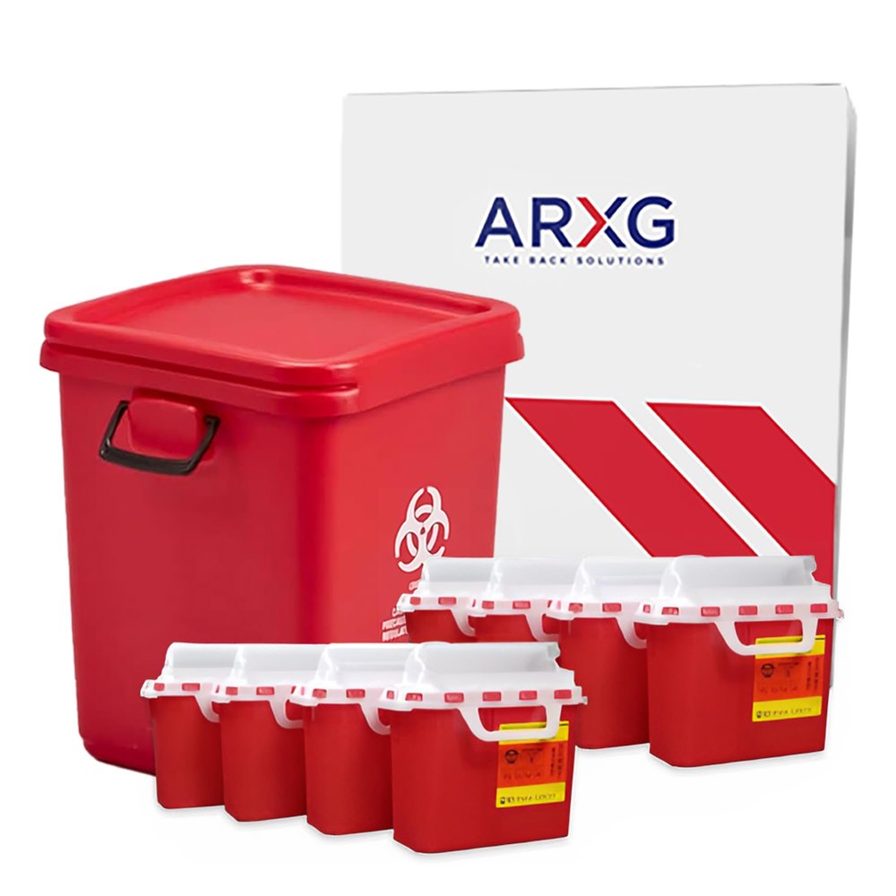 28gal (1PK) and 5.4qt (8PK) Mail-in Take Back Sharps Containers with Destruction Services for Safe & Environmentally-Responsible Needle Disposal | Home, Personal, Travel, and Professional Use