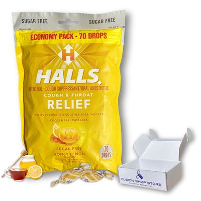 Halls Sugar Free Honey Lemon- Relief Cough Drops, Economy Pack, 70 Drops (1 Pack), Set with Fusion Shop Store Box (1), Small, Yellow