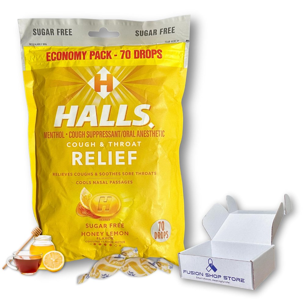 Halls Sugar Free Honey Lemon- Relief Cough Drops, Economy Pack, 70 Drops (1 Pack), Set with Fusion Shop Store Box (1), Small, Yellow