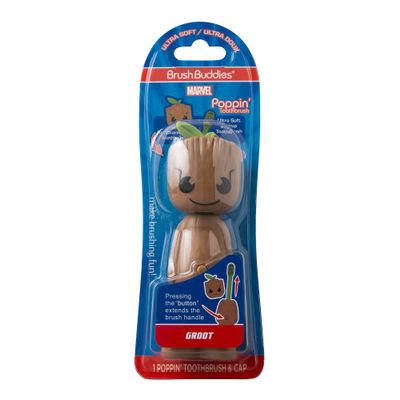 Brush Buddies Marvel Groot Kids Toothbrush, Soft & Rounded Bristles, Poppin' Fun Superhero Toothbrush Cover