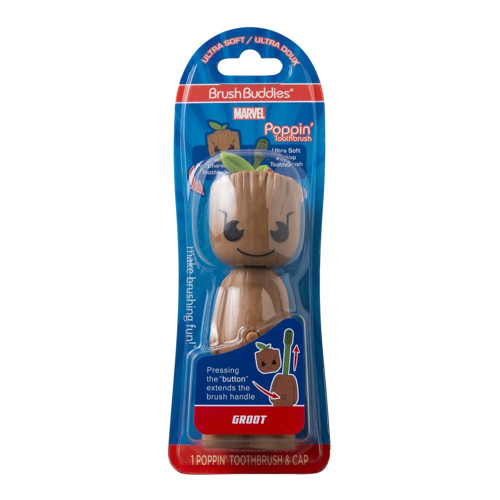 Brush Buddies Marvel Groot Kids Toothbrush, Soft & Rounded Bristles, Poppin' Fun Superhero Toothbrush Cover