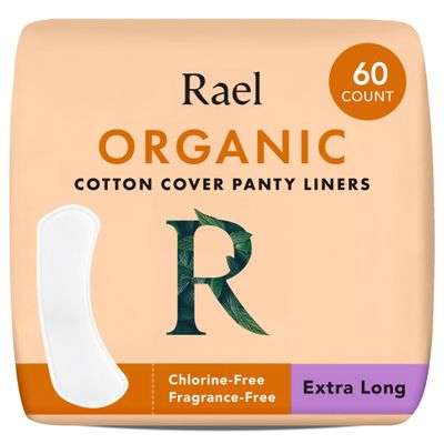 Rael Panty Liners for Women, Organic Cotton Cover - Daily Pantiliners, Light Absorbency, Unscented, Chlorine Free (Extra Long, 60 Count)