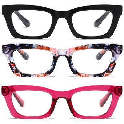 Hubeye Oprah Style Reading Glasses for Women Men Blue Light Blocking Computer Square Readers with Spring Hinge (Black+Floral+Rose Red,+3.5)