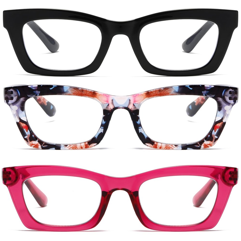 Hubeye Oprah Style Reading Glasses for Women Men Blue Light Blocking Computer Square Readers with Spring Hinge (Black+Floral+Rose Red,+3.5)
