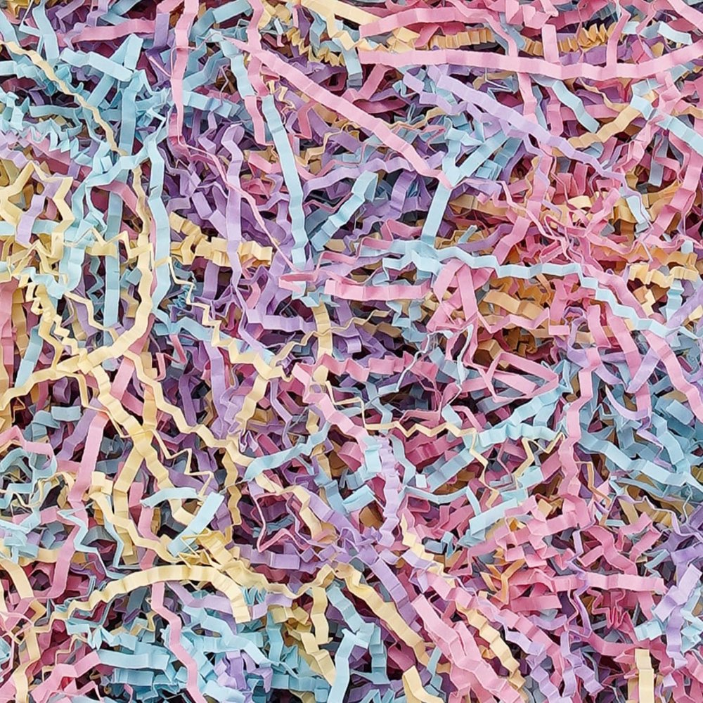 LDKGHE 4 oz Crinkle Cut Paper Shred Filler for Gift Wrapping Baskets Filling Box Birthdays Christmas Thanksgiving Easter Weddings Valentines Mother's Day Anniversaries (Pink,Purple,Blue & Yellow)