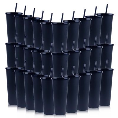 Ahongwenxi 30 Pack Halloween Black Plastic Cups with Lids and Straws, 24 oz Disposable Plastic Tumblers Iced Coffee Cups Travel Mug Cup for Juices Birthday Bachelorette Party Wedding (Black,24 oz)