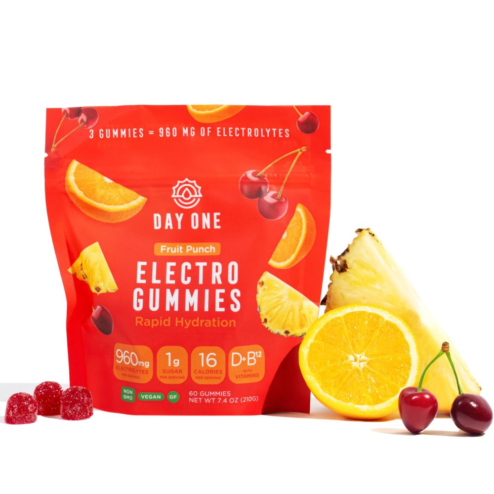 Day One Electrogummies - 60pcs. of Fruit Punch Flavored Electrolyte Gummies for Hydration and Recovery - Packed with Essential Electrolytes Ideal for Workouts, Running, Hiking and More