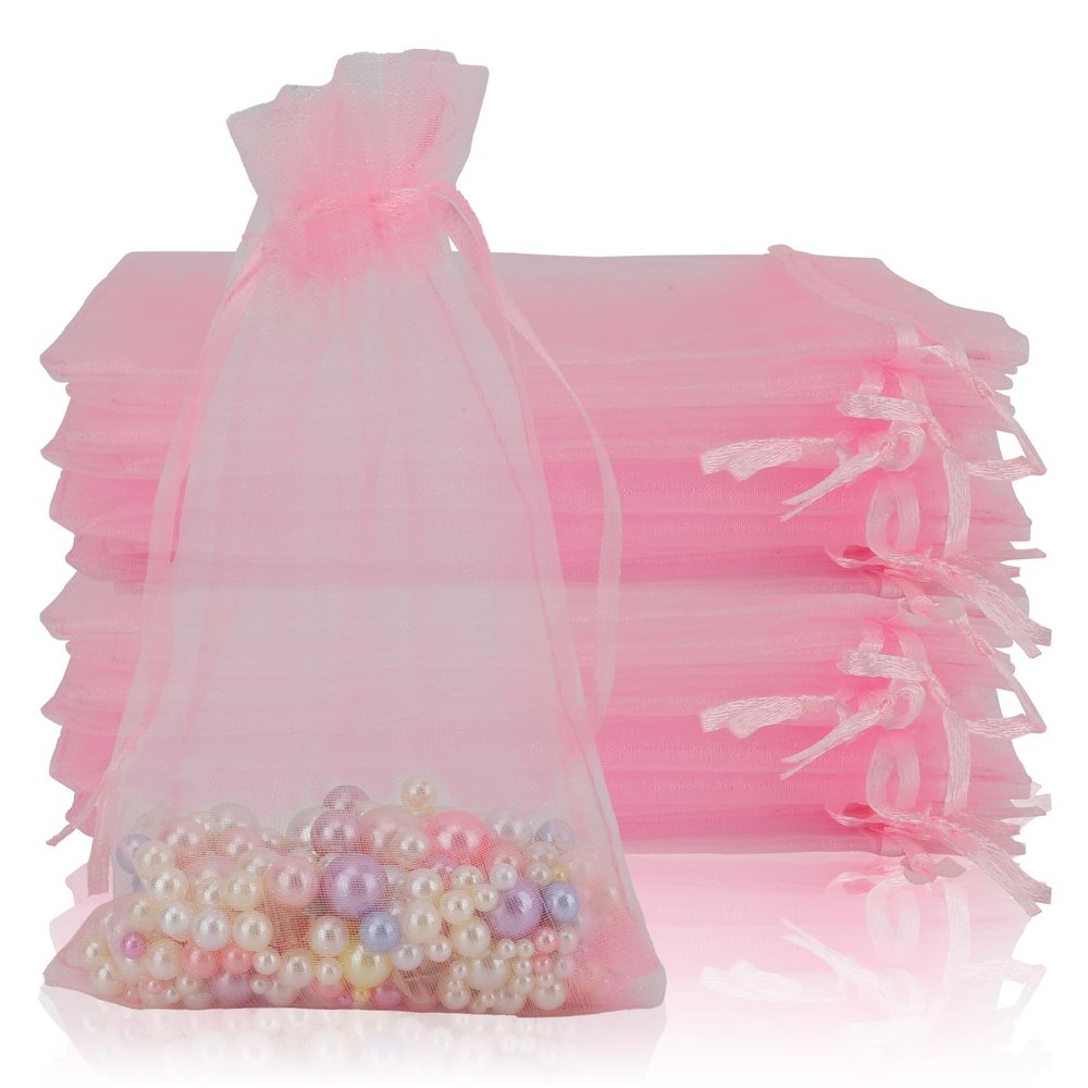 100PCS Organza Bags, 4x6 inch Small Mesh Bags Drawstring, Pink Sheer Organza Bags, Party Favor Bags, Jewelry Gift Bags, Candy Bags Present Bags for Wedding, Baby Shower, Wrapping Supplies, Small Gifts
