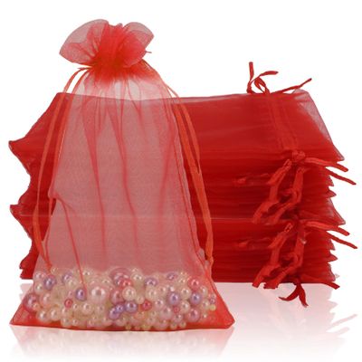 100 Organza Bags, 4x6 inch Mesh Drawstring Bags - Red Sheer Wedding Party Favor Bags for Jewelry, Candy, Party, Christmas, Valentines, Baby Shower