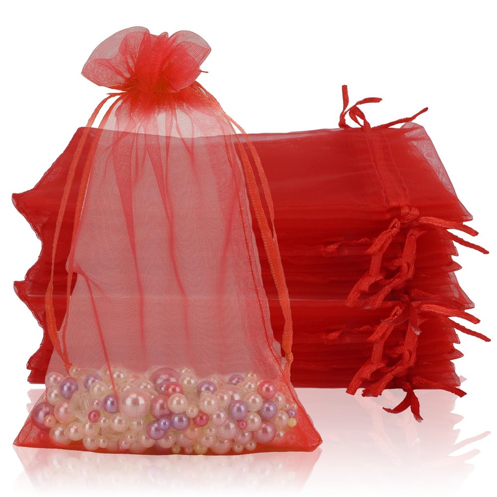 100 Organza Bags, 4x6 inch Mesh Drawstring Bags - Red Sheer Wedding Party Favor Bags for Jewelry, Candy, Party, Christmas, Valentines, Baby Shower