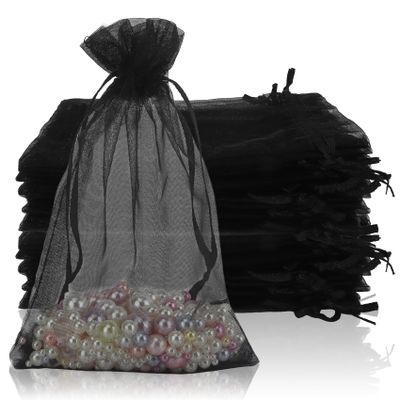 100PCS Organza Bags, 4x6 inch Small Mesh Bags Drawstring, Black Sheer Organza Bags, Party Favor Bags, Jewelry Gift Bags Candy Bags Present Bags for Wedding, Halloween, Wrapping Supplies, Small Gift