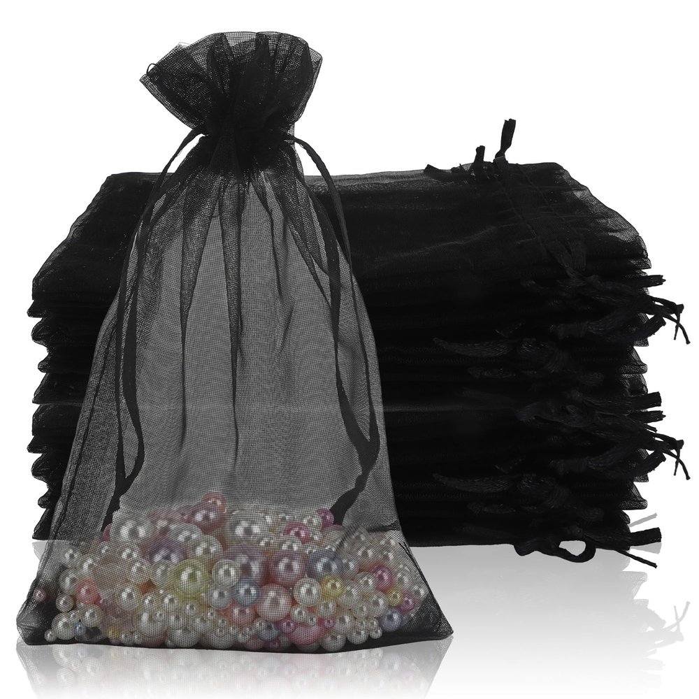 100PCS Organza Bags, 4x6 inch Small Mesh Bags Drawstring, Black Sheer Organza Bags, Party Favor Bags, Jewelry Gift Bags Candy Bags Present Bags for Wedding, Halloween, Wrapping Supplies, Small Gift