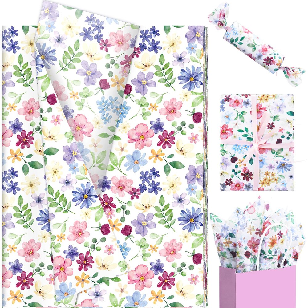 100 Sheets Floral Tissue Paper, 20 x 14 Inch Watercolor Wildflower Patterns Gift Wrapping Paper for Birthday Wedding Bridal Shower Party Supplies