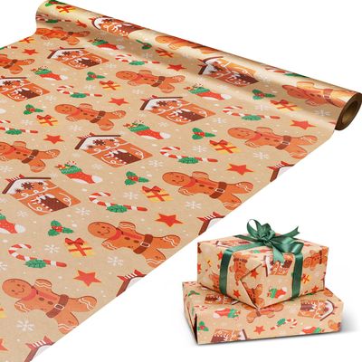 RayofSun Christmas Wrapping Paper,Gingerbread Man Candy Cane Gift Wrapping Paper Rolls,Vintage Kraft Gift Wrap Paper for Boys Girls Celebrating Xmas,1PC 17 in x 32 ft Mini Roll