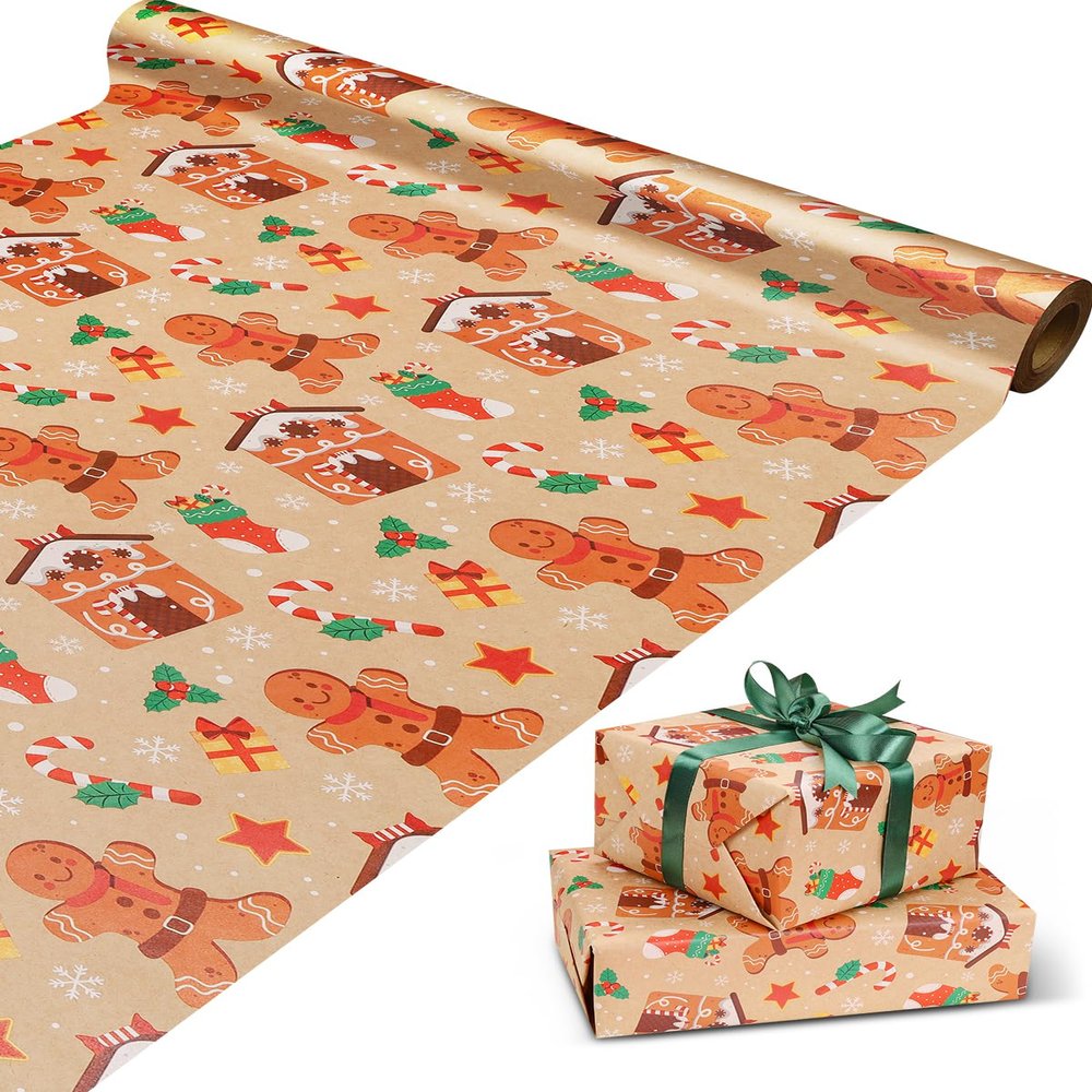 RayofSun Christmas Wrapping Paper,Gingerbread Man Candy Cane Gift Wrapping Paper Rolls,Vintage Kraft Gift Wrap Paper for Boys Girls Celebrating Xmas,1PC 17 in x 32 ft Mini Roll