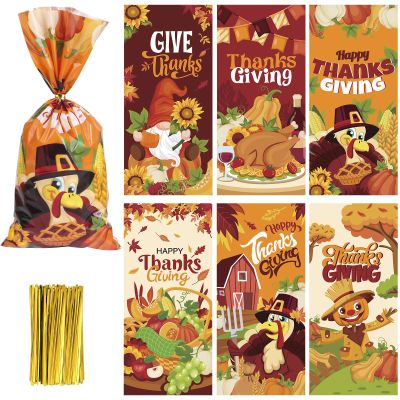 DERAYEE Thanksgiving Treat Bags - 180 Pcs Fall Cellophane Candy Bags with Maple Leaves, Turkey, Pumpkin Designs for Thanksgiving Party Supplies