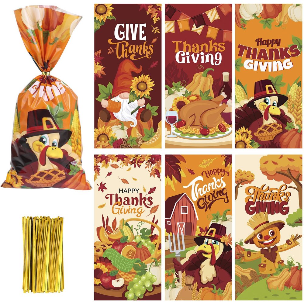 DERAYEE Thanksgiving Treat Bags - 180 Pcs Fall Cellophane Candy Bags with Maple Leaves, Turkey, Pumpkin Designs for Thanksgiving Party Supplies