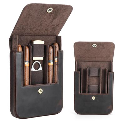 CONTACTS 4 Slot Cigar Case Travel Full Grain Leather Cigars Humidor Box Portable Cigar Accessories Organizer with Cigar Cutter Lighter Slot