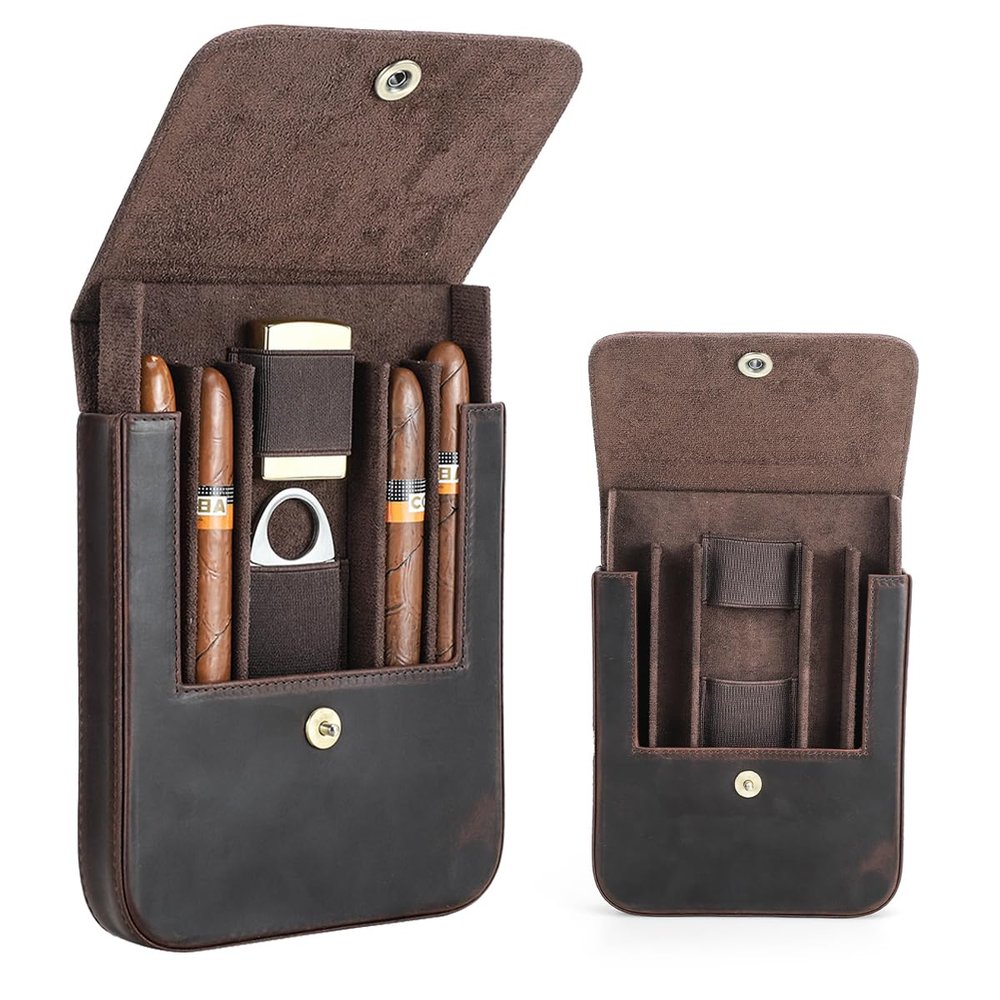 CONTACTS 4 Slot Cigar Case Travel Full Grain Leather Cigars Humidor Box Portable Cigar Accessories Organizer with Cigar Cutter Lighter Slot