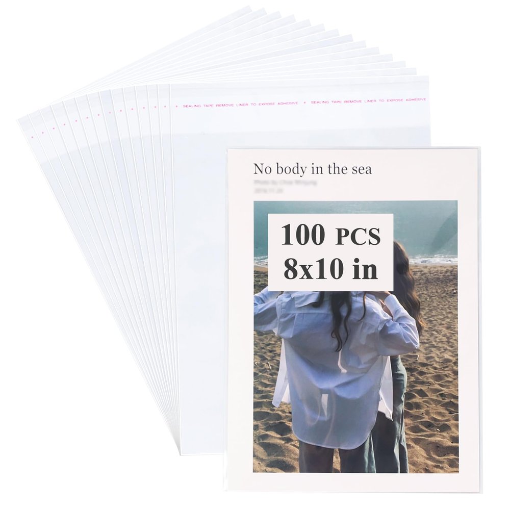 Miraclekoo 100Pcs 8-3/8 x 10-1/4 Inch Self Sealing Cello Cellophane Bags Thick Clear Plastic Sleeves - Fit 8x10 Inch Photo Mats Envelopes Art Prints