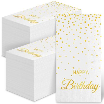 100 Happy Birthday Guest Napkins - Disposable Gold Foil Dots Paper Hand Towels, 3 Layers White and Gold Birthday Dinner Napkins for Men Women Birthday Party Table Decorative