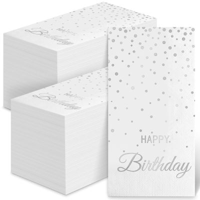 100 Happy Birthday Guest Napkins - Disposable Silver Foil Dots Paper Hand Towels, 3 Layers White and Silver Birthday Dinner Napkins for Men Women Birthday Party Table Decoration