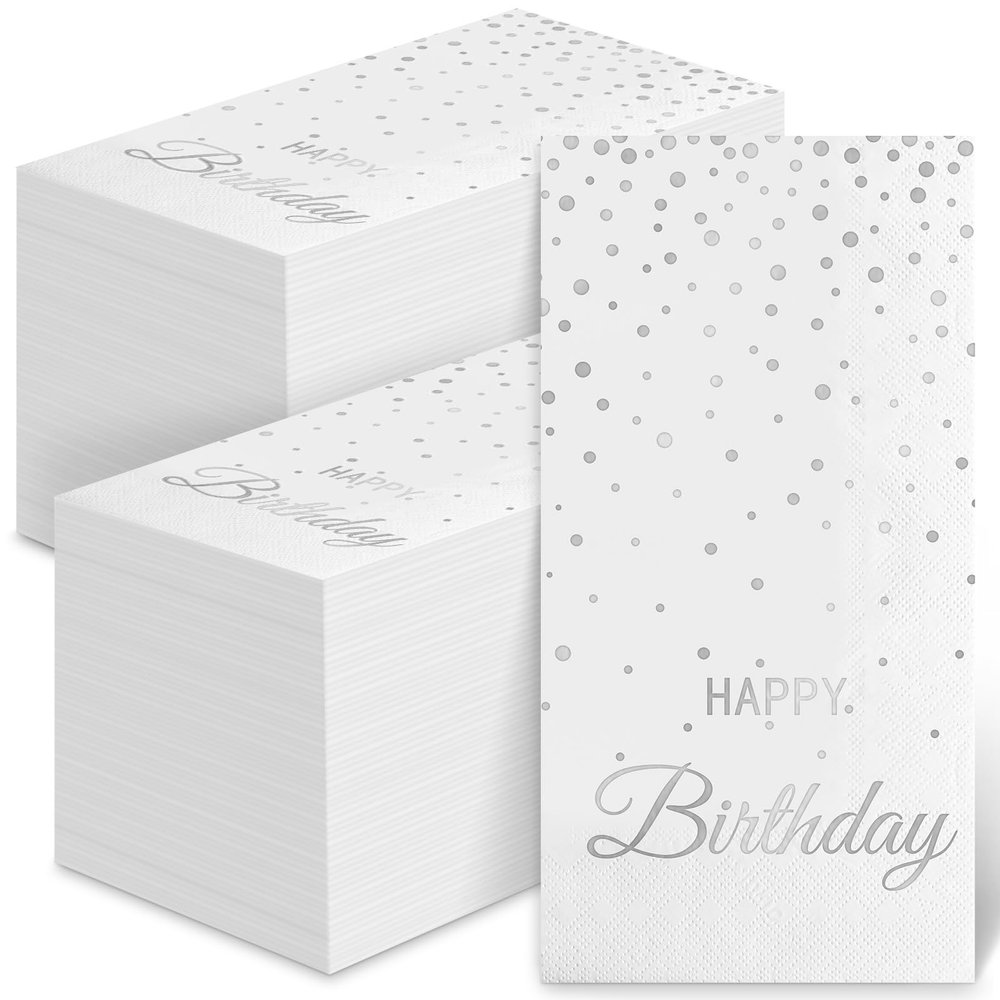 100 Happy Birthday Guest Napkins - Disposable Silver Foil Dots Paper Hand Towels, 3 Layers White and Silver Birthday Dinner Napkins for Men Women Birthday Party Table Decoration