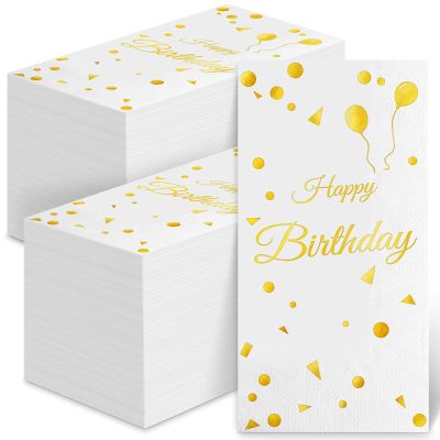 100 Happy Birthday Guest Napkins - Disposable Gold Foil Balloons Paper Hand Towels, 3 Layers White and Gold Birthday Dinner Napkins for Men Women Birthday Party Table Decorative