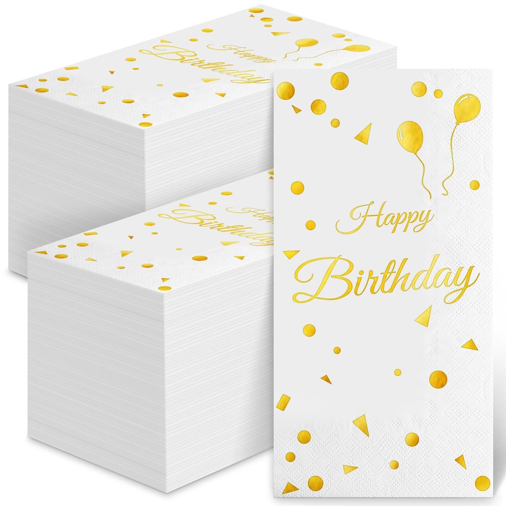 100 Happy Birthday Guest Napkins - Disposable Gold Foil Balloons Paper Hand Towels, 3 Layers White and Gold Birthday Dinner Napkins for Men Women Birthday Party Table Decorative