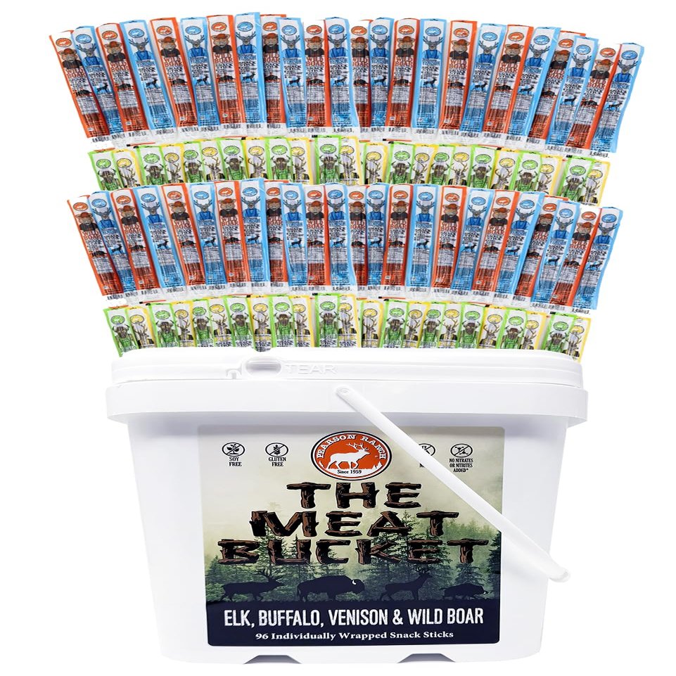PEARSON RANCH Meat Bucket -Elk, Bison, Venison, Wild Boar Bulk Meat Sticks, Game Meat Sticks Variety Pack of 96 (1oz sticks, 24 each) - Low-Carb, High-Protein, Gifts for Men