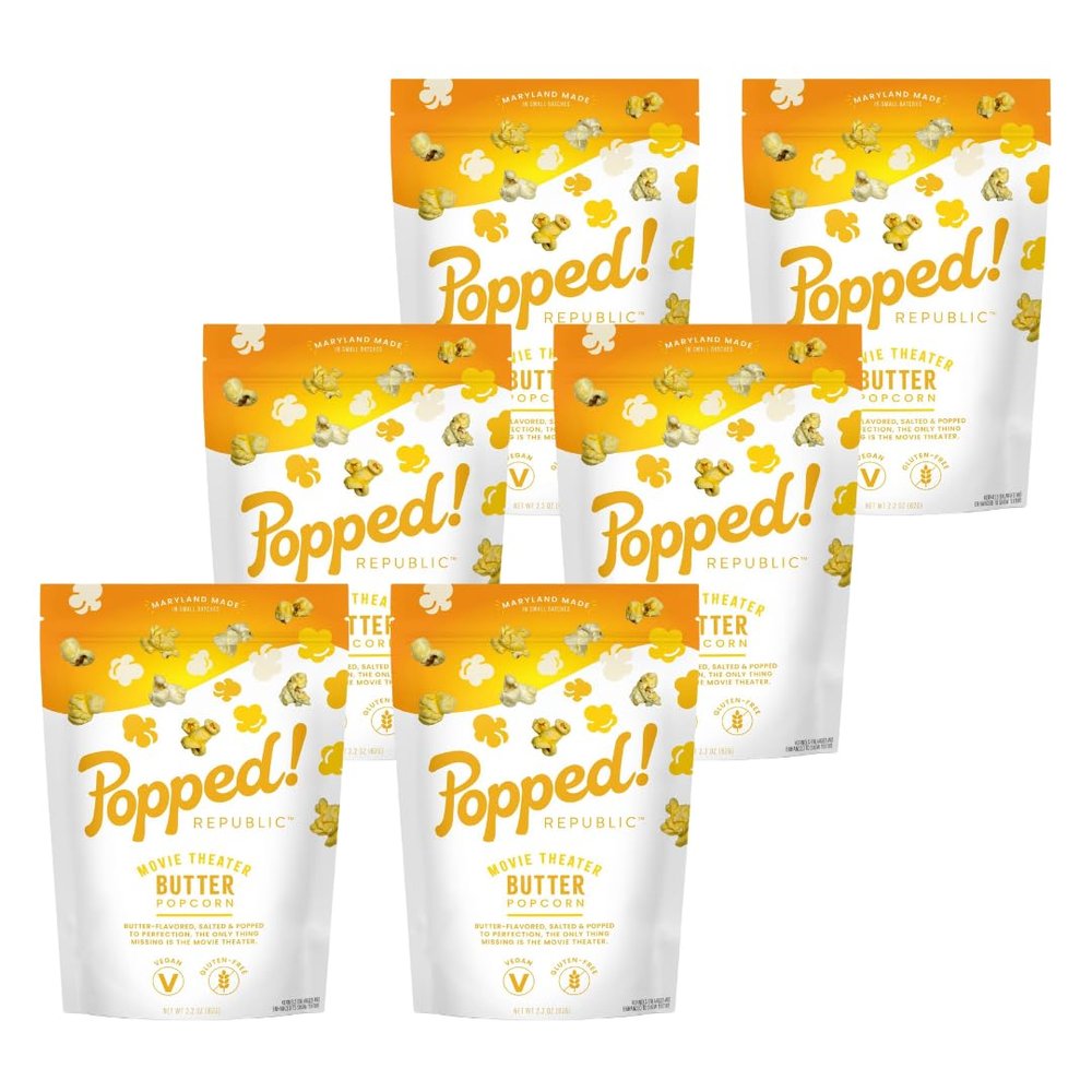 Popped! Republic Movie Theater Butter Flavored, Vegan, Gluten Free, Popcorn. 2.2 oz Bags (approx 6 cups per ouch) Pack of 6