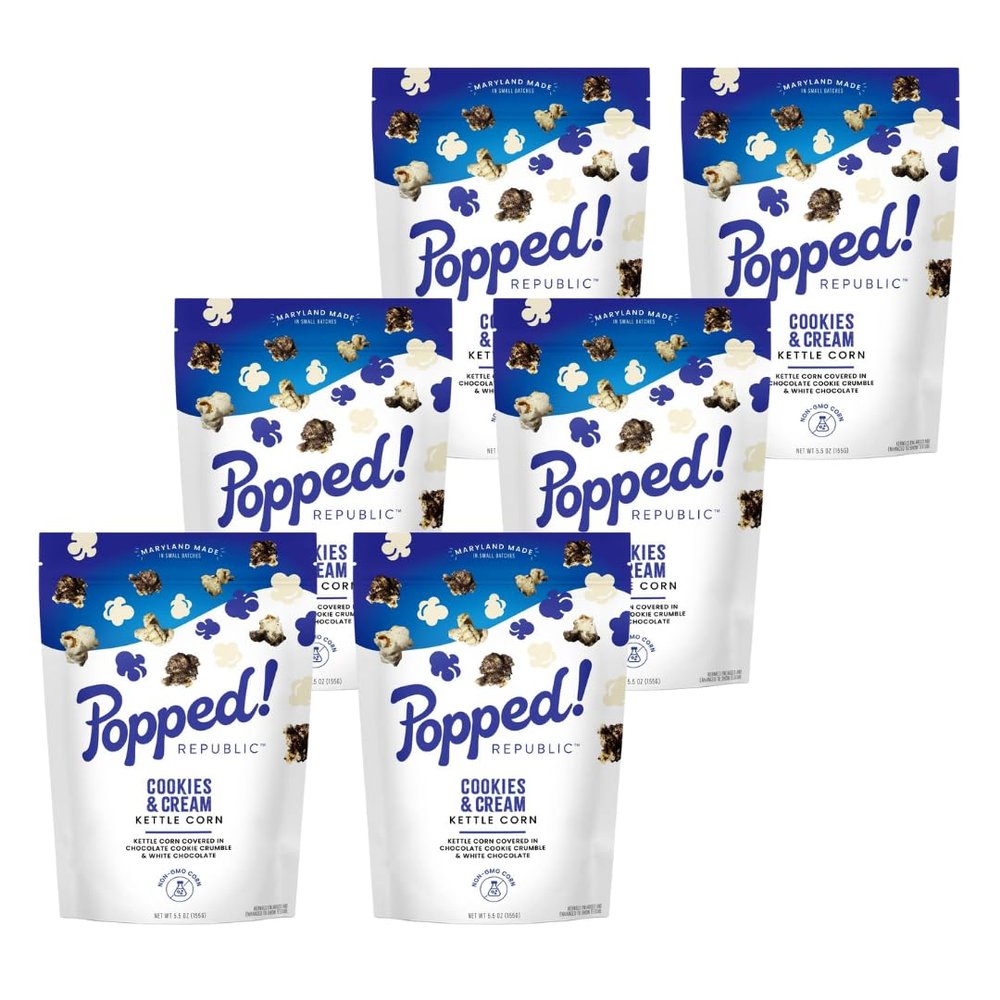 Popped! Republic Cookies & Cream Kettle Corn, White Chocolate and Cookie Crunmbles, Non GMO Kernels Popcorn 5.5 oz Bags (approx 6 cups per pouch) Pack of 6