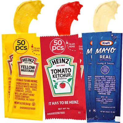Bulk Condiment Packets Variety Pack 150-Count - 50 Single Serve Packs of Each: Ketchup, Mayonnaise and Mustard Packets - Individual Travel Condiments for BBQ, Picnic, Events