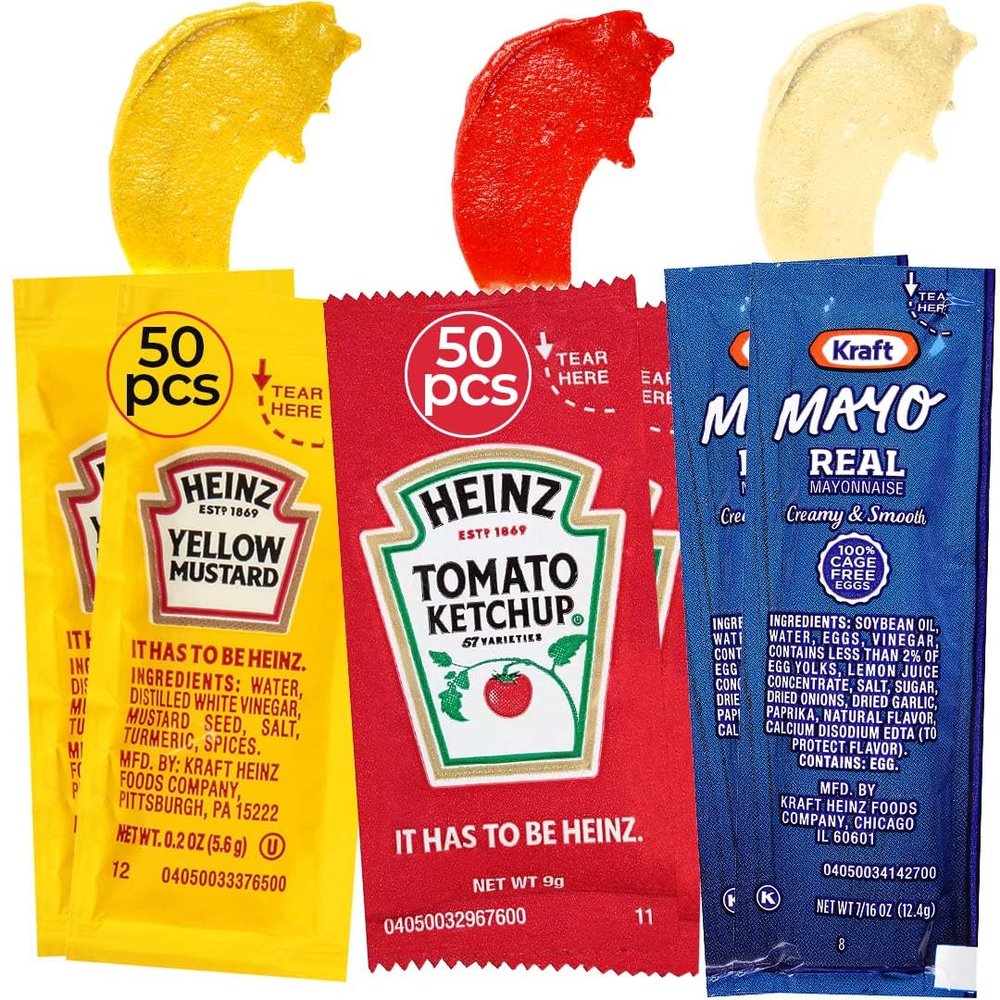 Bulk Condiment Packets Variety Pack 150-Count - 50 Single Serve Packs of Each: Ketchup, Mayonnaise and Mustard Packets - Individual Travel Condiments for BBQ, Picnic, Events