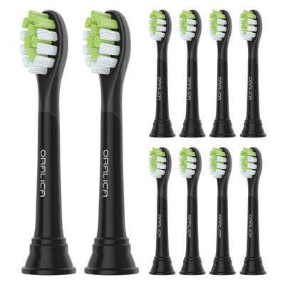 Oralica - Japanese Brand Whitening Replacement Toothbrush Heads, Compatible with Philips Sonicare Click-on Handles, 10 Pack, Medium, with Tongue Cleaner (CA668, Black)