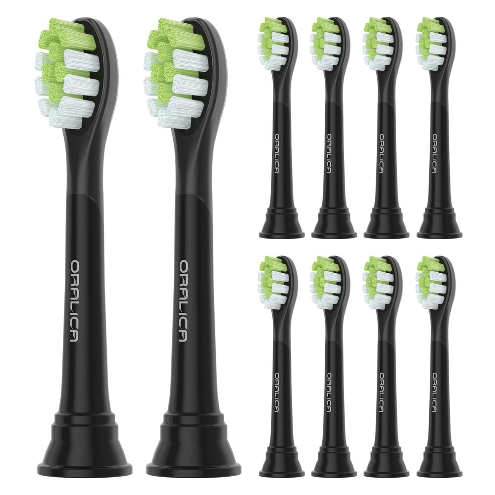 Oralica - Japanese Brand Whitening Replacement Toothbrush Heads, Compatible with Philips Sonicare Click-on Handles, 10 Pack, Medium, with Tongue Cleaner (CA668, Black)