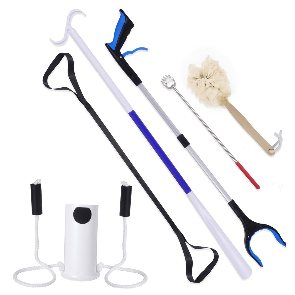6 in 1 Hip Kit, Suitable for Elderly or Knee Back Surgery Patients, Hip Replacement Recovery Kit, Foldable Reacher, Shoe HornDressing Stick, Sock Aids, Long Leg Lifter, Back Scratcher, Loofah Brush
